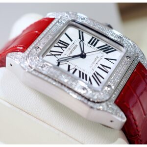 New! Cartier Santos 100 Medium Diamonds (Red)